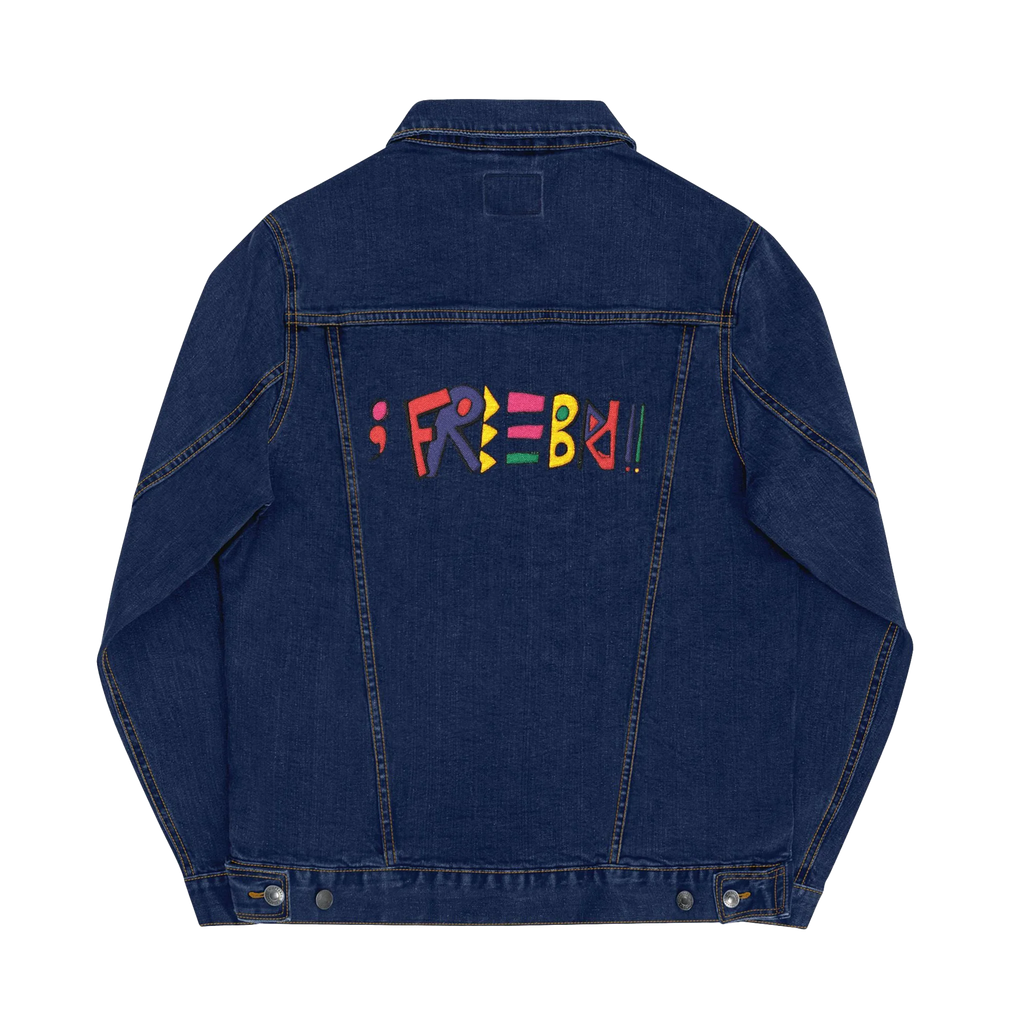 Classic Denim trucker jacket, Freebrd retro logo embroidered, back view.