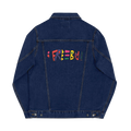 Classic Blue Jean FREEBRD Embroidered Denim Jacket, multicolor retro FREEBRD logo embroidered on back center, clean blue denim back panel, antique brass hardware, back view.