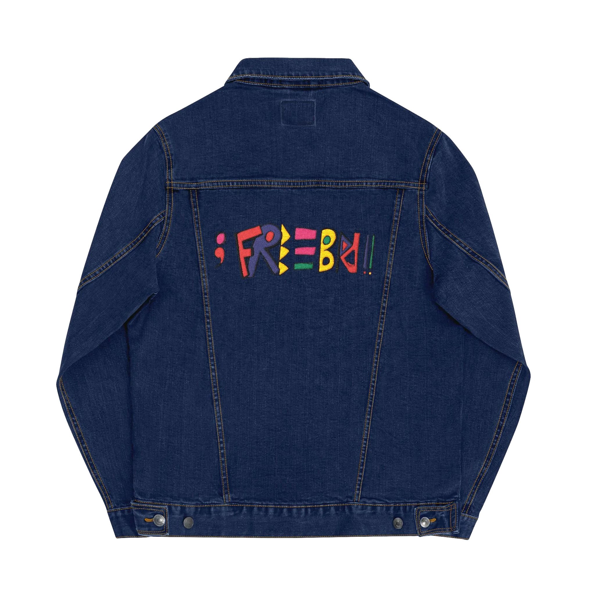 Classic Denim trucker jacket, Freebrd retro logo embroidered, back view.