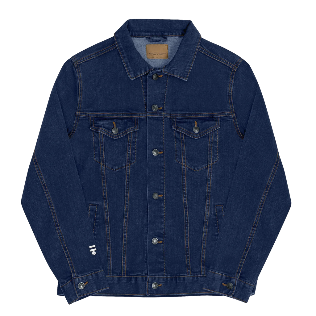 Classic Denim trucker jacket, Freebrd retro logo embroidered, front view.