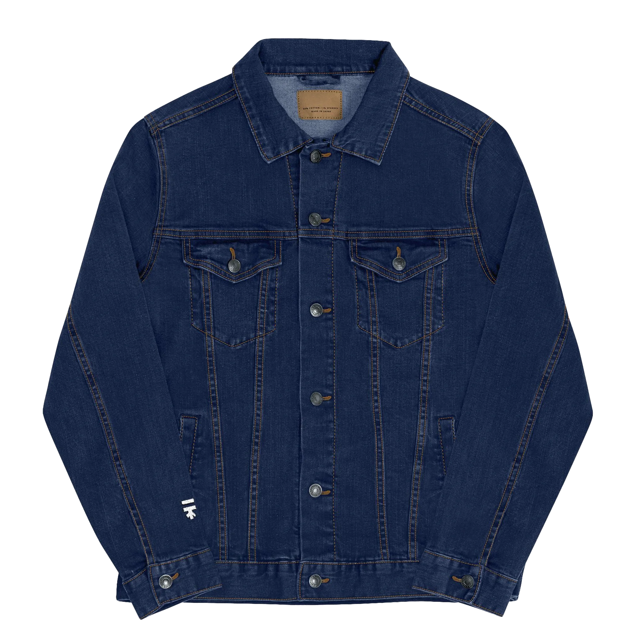 Classic Denim trucker jacket, Freebrd retro logo embroidered, front view.