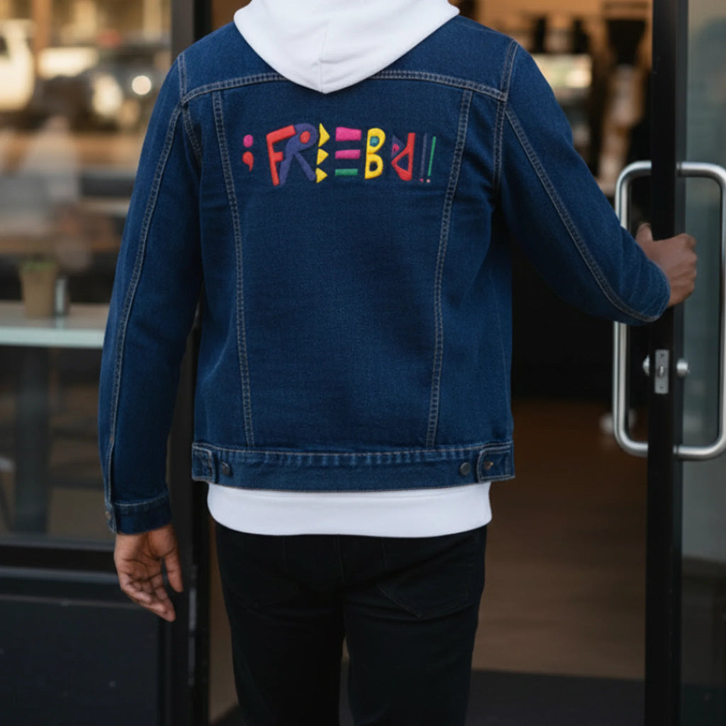Classic Denim trucker jacket, Freebrd retro logo embroidered, lifestyle view.