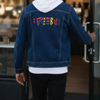 Classic Denim trucker jacket, Freebrd retro logo embroidered, lifestyle view.