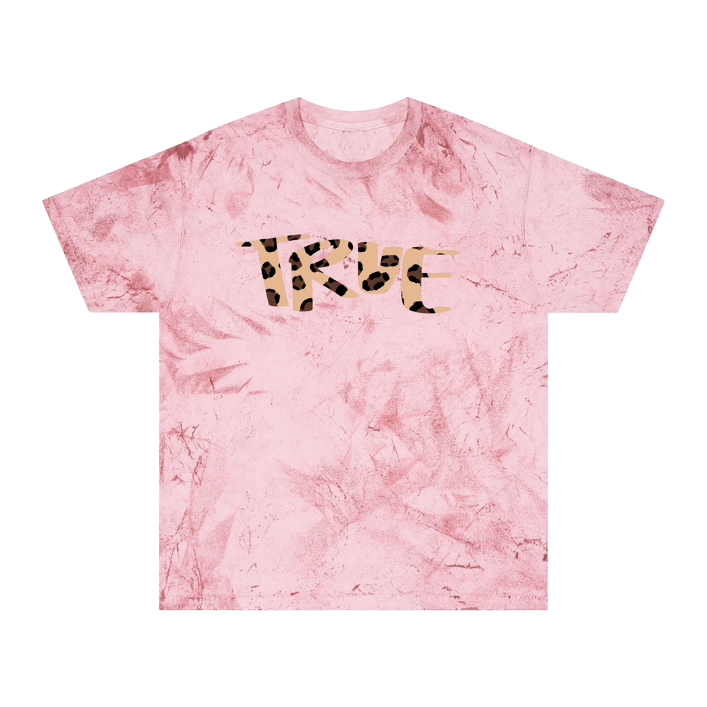 A clay garment-dyed marble wash t-shirt with an oversized cheetah print 'True' graphic across the chest in peach and brown.