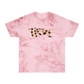A clay garment-dyed marble wash t-shirt with an oversized cheetah print 'True' graphic across the chest in peach and brown.