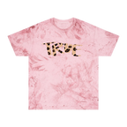 A clay garment-dyed marble wash t-shirt with an oversized cheetah print 'True' graphic across the chest in peach and brown.