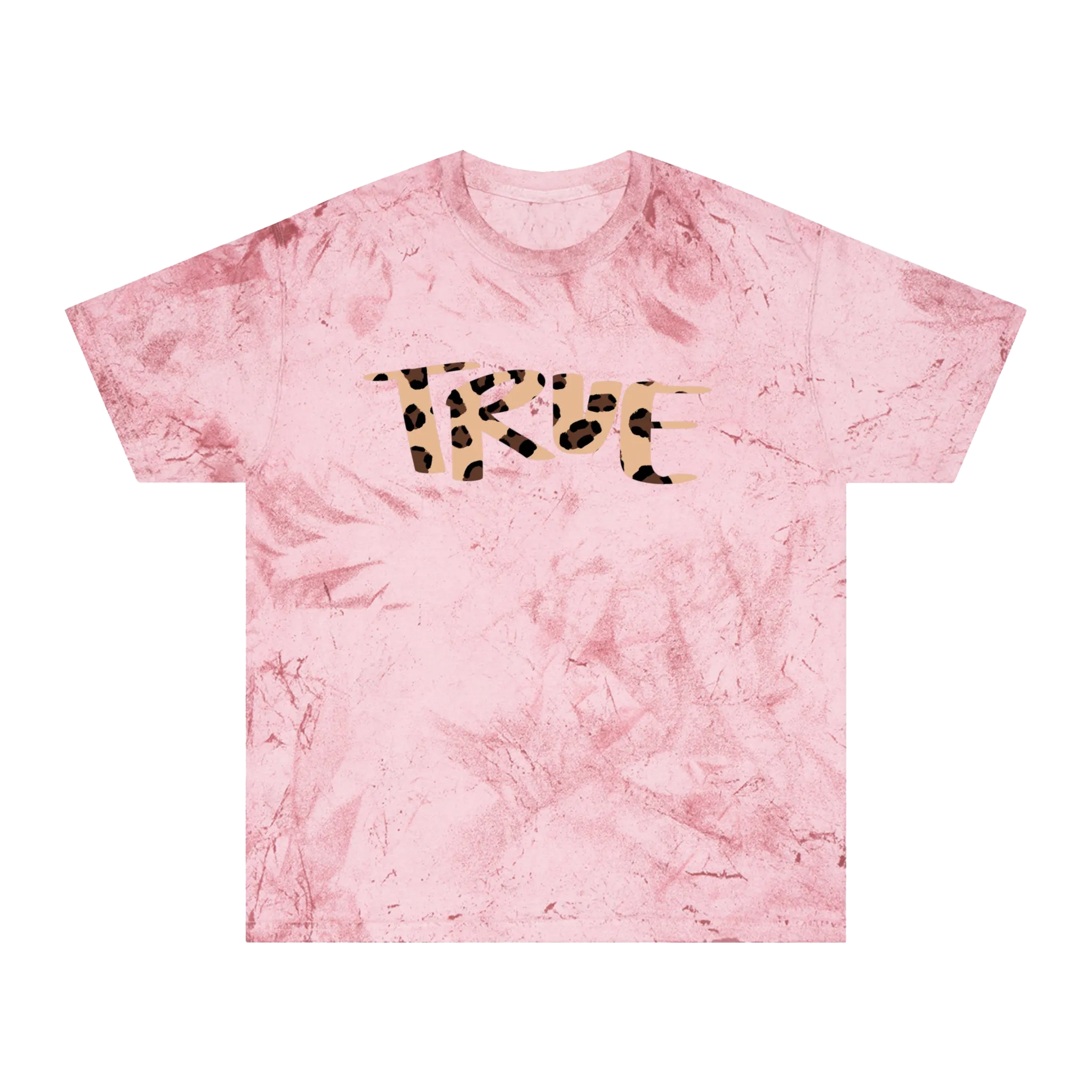 A clay garment-dyed marble wash t-shirt with an oversized cheetah print 'True' graphic across the chest in peach and brown.