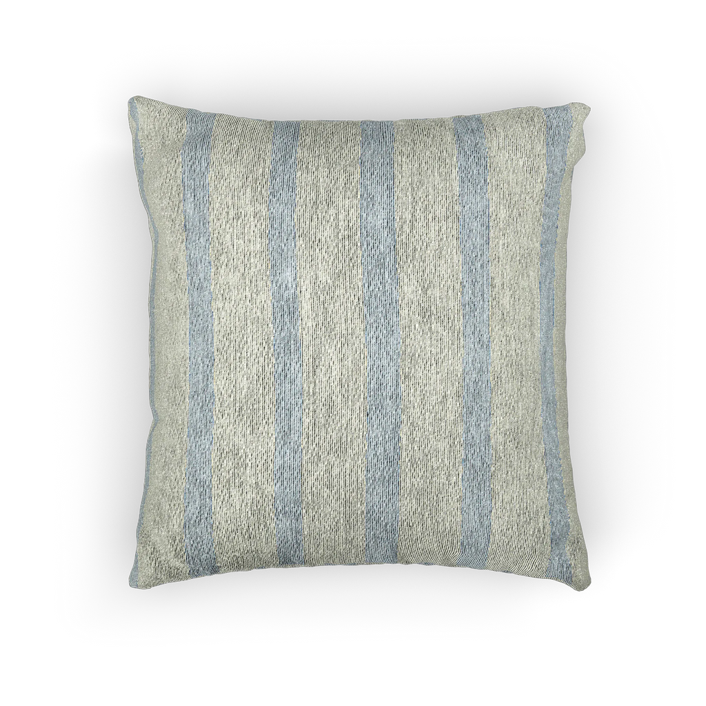 A back preview of the Coastal Danish Blue Off White Woven Stripe Pillow showing an ivory background and danish blue pinstripes. 