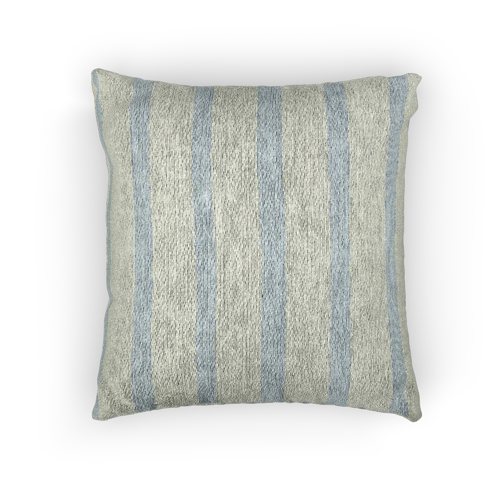 A front preview of the Coastal Danish Blue Off White Woven Stripe Pillow showing an ivory background and danish blue pinstripes. 