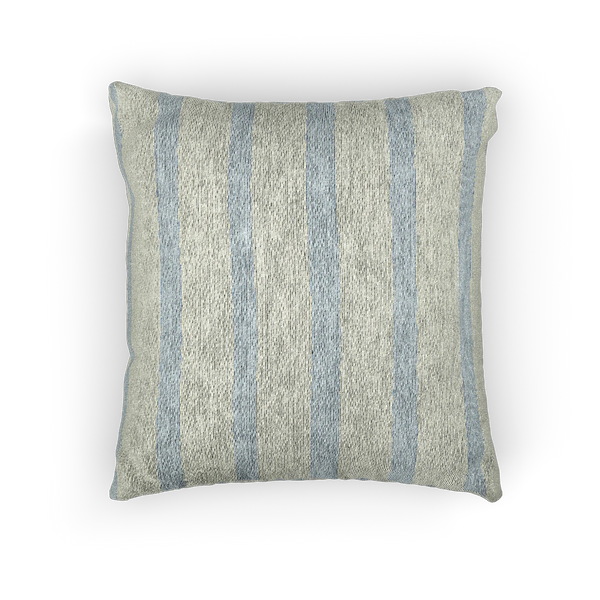 A front view of the Coastal Danish Blue Off White Woven Stripe Pillow showing an ivory background and danish blue pinstripes. 