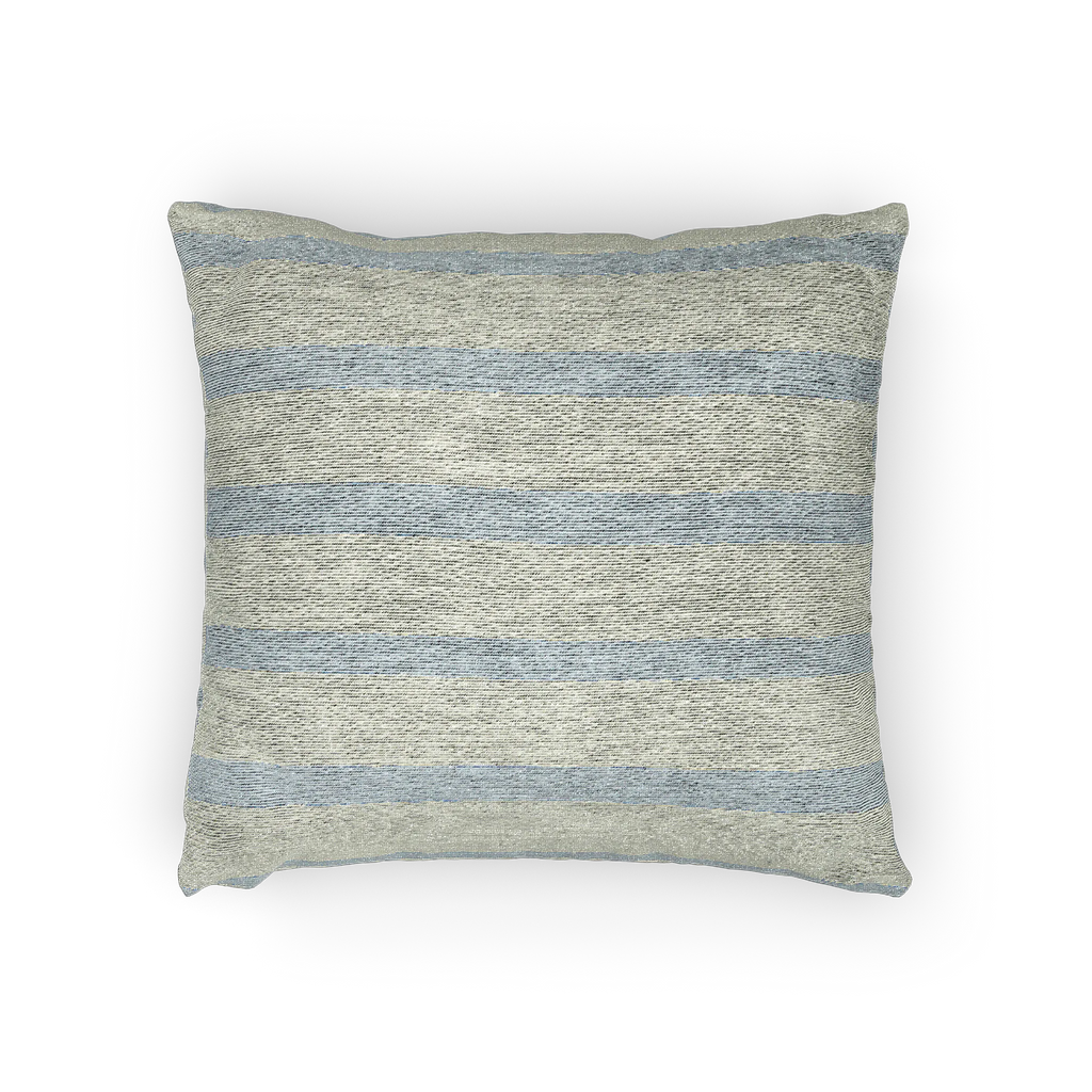 A horizontal preview of the Coastal Danish Blue Off White Woven Stripe Pillow showing an ivory background and danish blue pinstripes. 