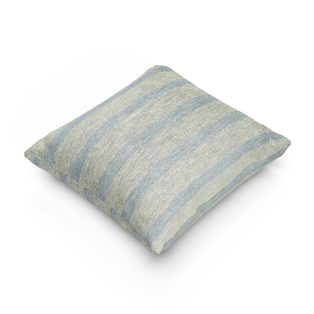 A side preview of the Coastal Danish Blue Off White Woven Stripe Pillow showing an ivory background and danish blue pinstripes. 