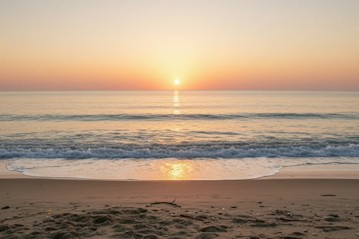 Sunset over the ocean with waves crashing onto a beach