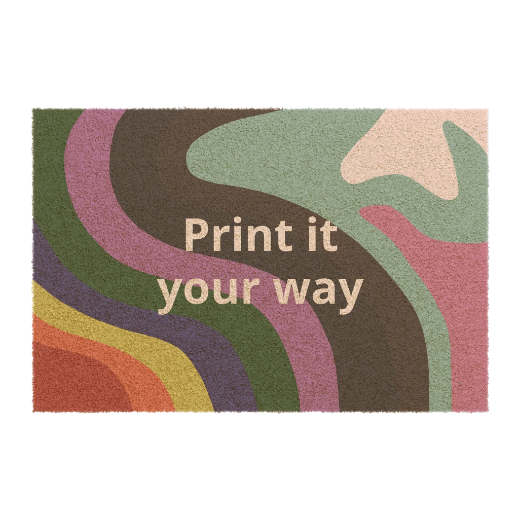 A front view of the Colorful Pride Welcome Mat, a personalized coir doormat with abstract wavy pride-inspired colors in green, mauve, rust, and gold.