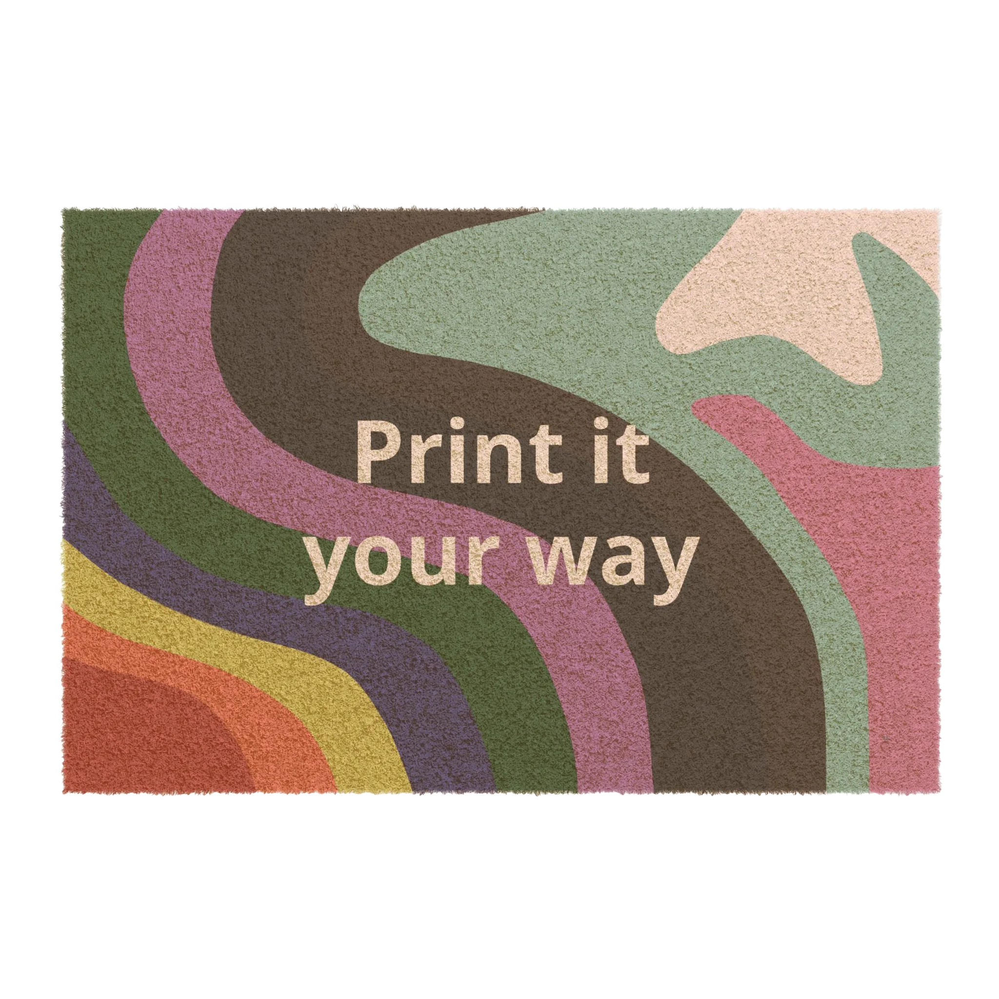 A front view of the Colorful Pride Welcome Mat, a personalized coir doormat with abstract wavy pride-inspired colors in green, mauve, rust, and gold.