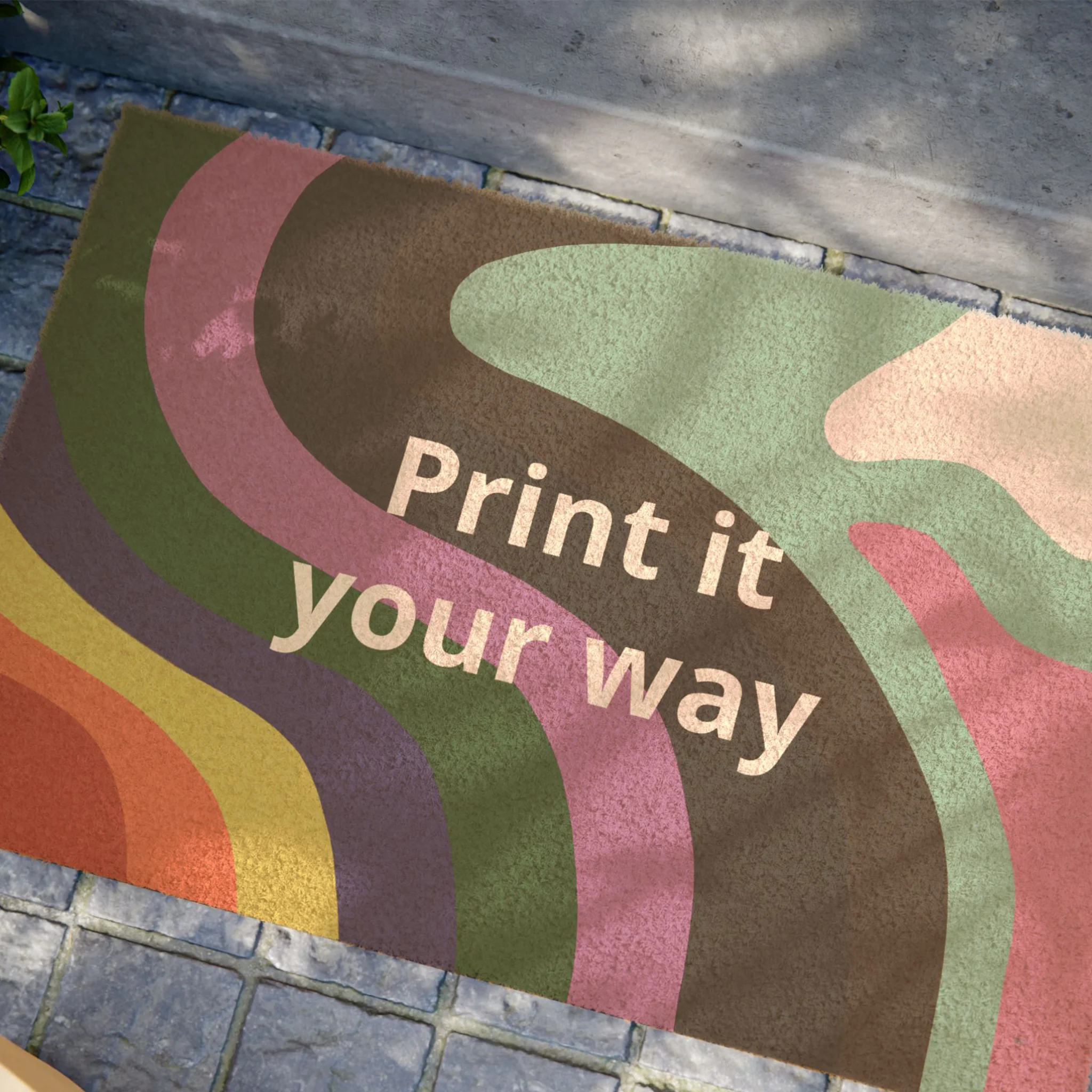 The Colorful Pride Welcome Mat displayed on an outdoor doorstep, showing the abstract wavy pride design and personalized text on natural coir fiber