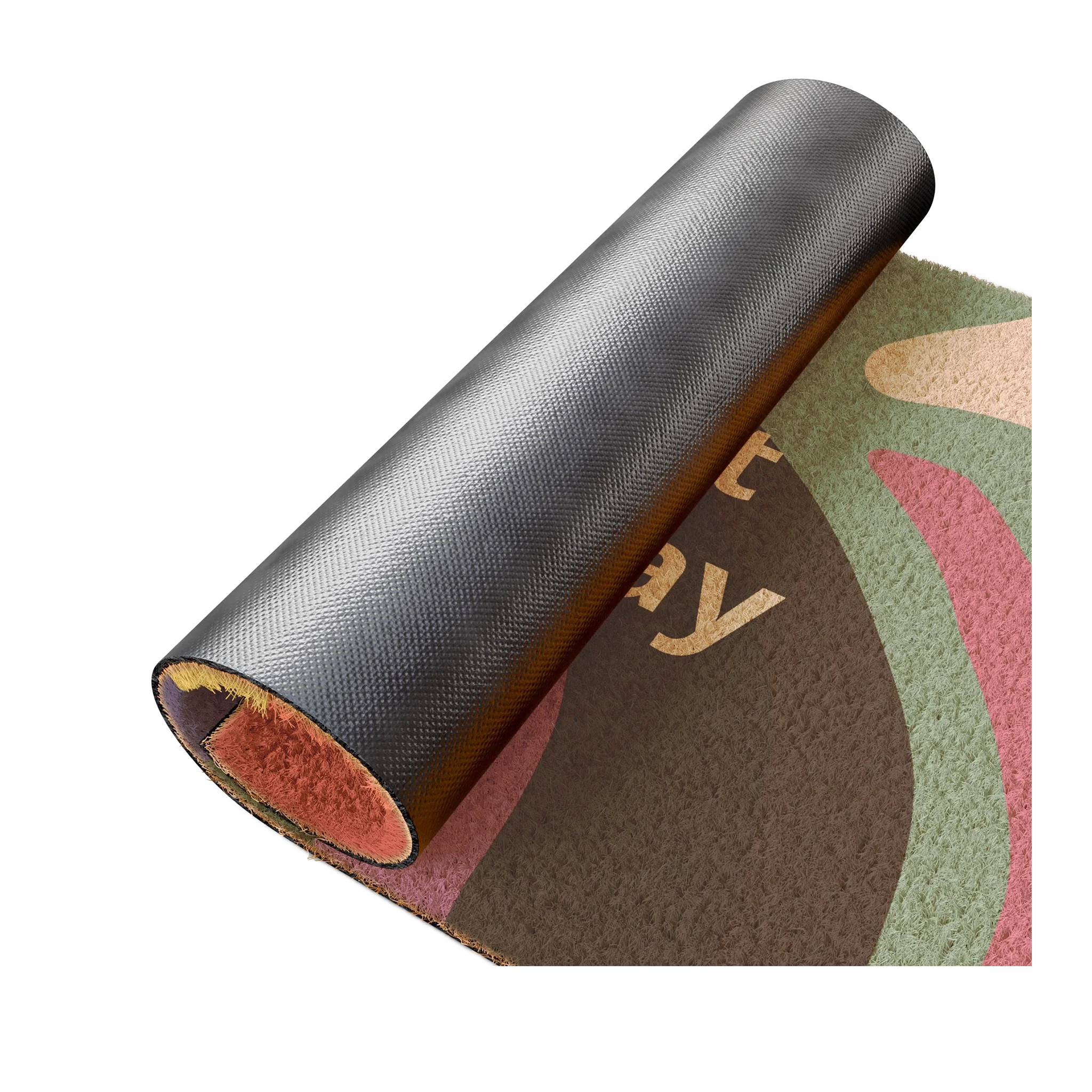 A rolled view of the Colorful Pride Welcome Mat showing the textured coir top and non-slip rubber vinyl backing.