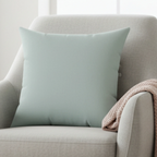Cool silver faux suede throw pillow styled in living room, lifestyle view.