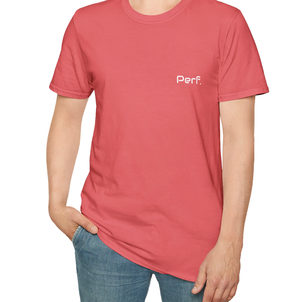 A person wearing the coral silk perf retro graphic t-shirt in an outfit styling.