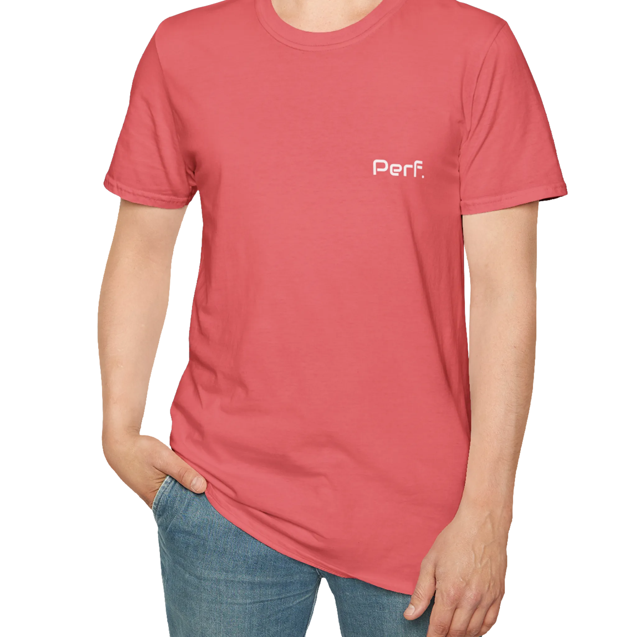 A person wearing the coral silk perf retro graphic t-shirt in an outfit styling.