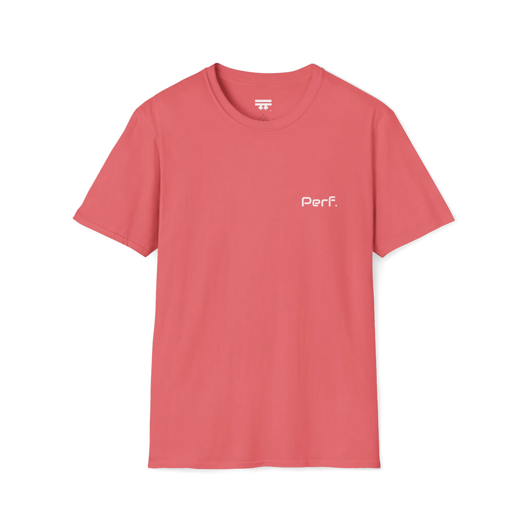 A coral silk perf retro graphic t-shirt featuring a bold ‘Perf' graphic on the chest, front view