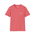 A coral silk perf retro graphic t-shirt featuring a bold ‘Perf' graphic on the chest, front view