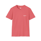 A coral silk perf retro graphic t-shirt featuring a bold ‘Perf' graphic on the chest, front view