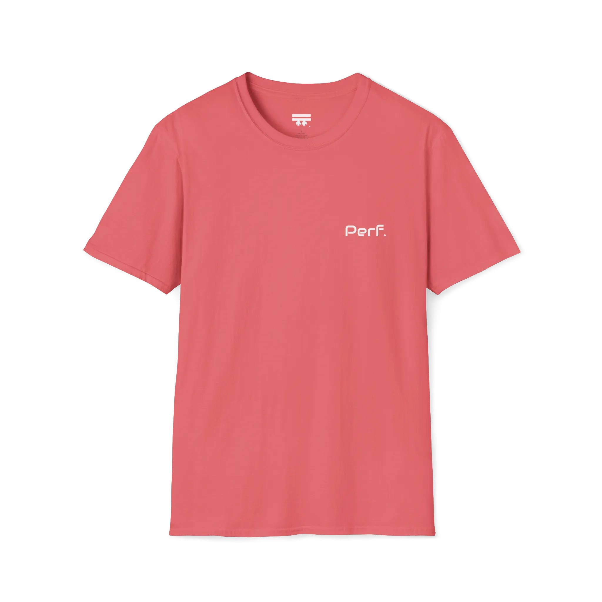 A coral silk perf retro graphic t-shirt featuring a bold ‘Perf' graphic on the chest, front view