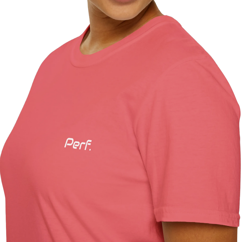 A close-up front view of the coral silk perf retro graphic t-shirt.