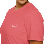 A close-up front view of the coral silk perf retro graphic t-shirt.