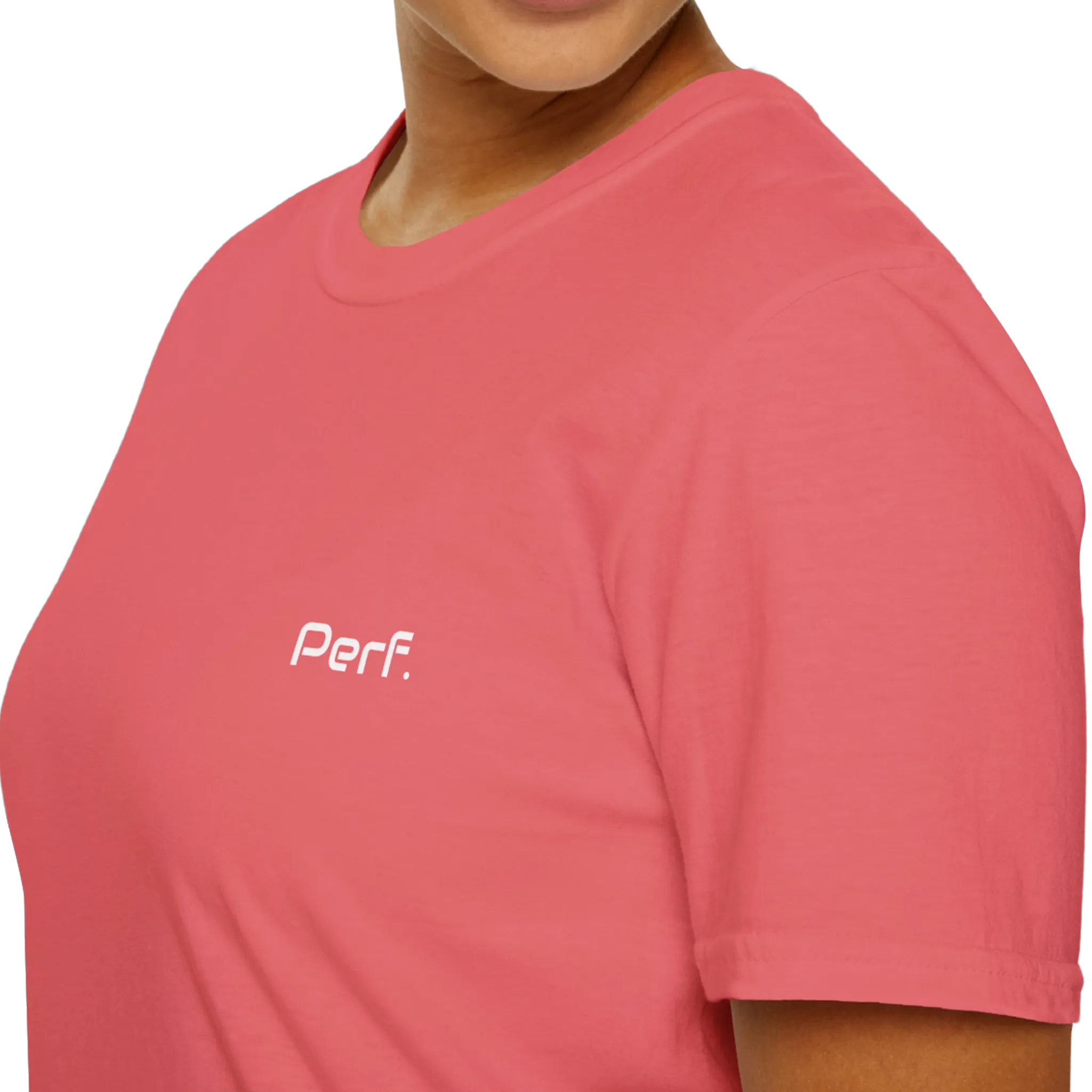 A close-up front view of the coral silk perf retro graphic t-shirt.
