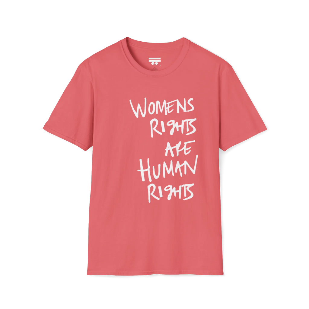 A front view of the coral silk women's rights are human rights t-shirt.
