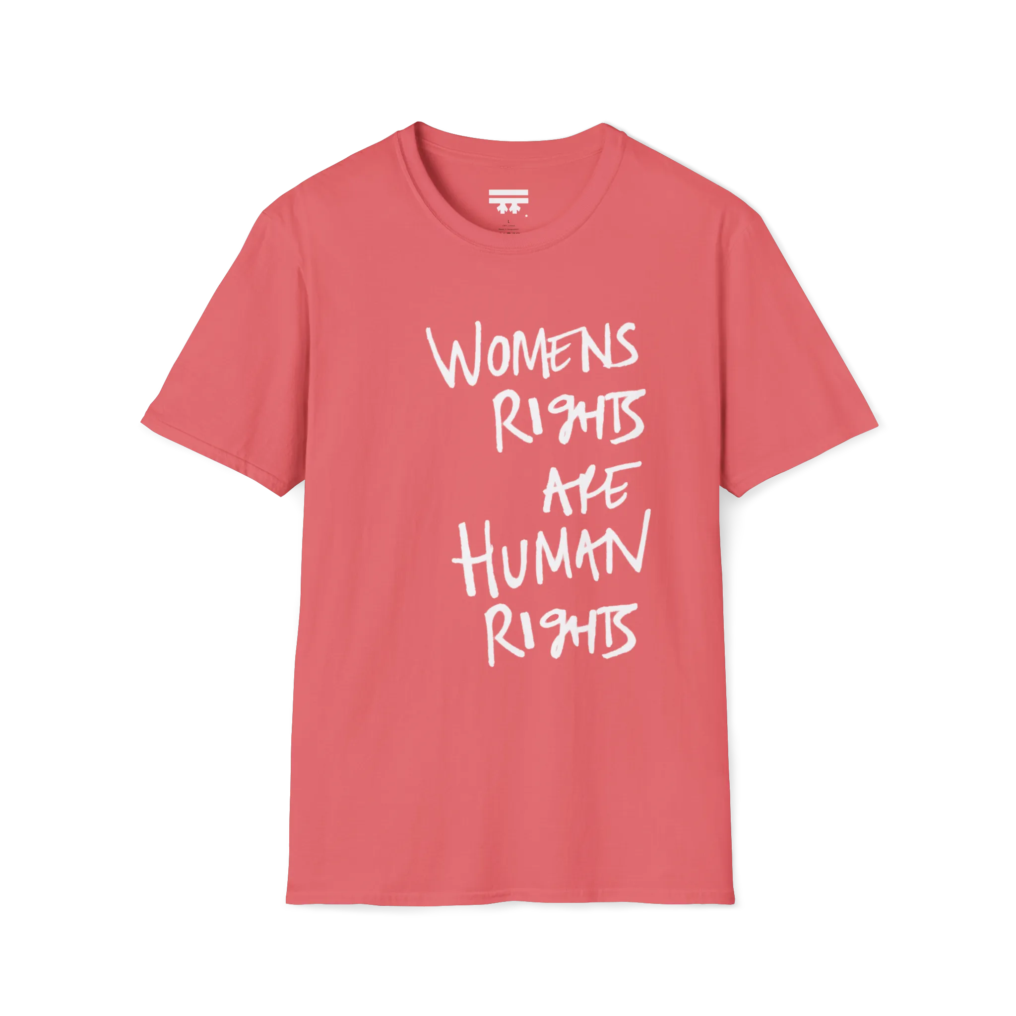 A front view of the coral silk women's rights are human rights t-shirt.