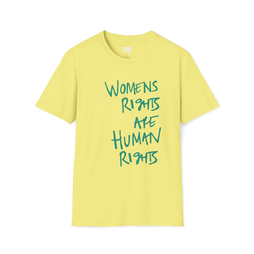A front view of the cornsilk women's rights are human rights t-shirt.