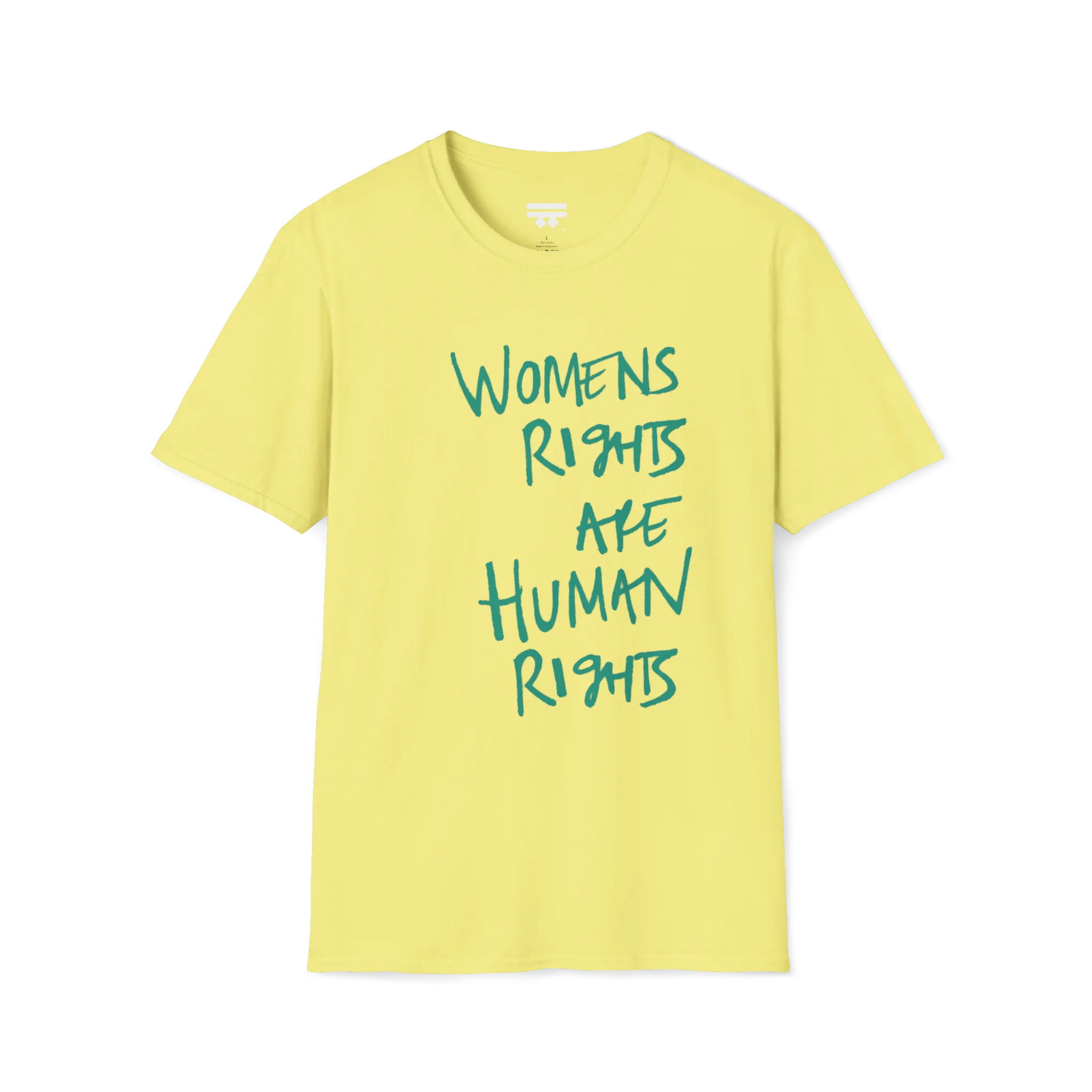 A front view of the cornsilk women's rights are human rights t-shirt.