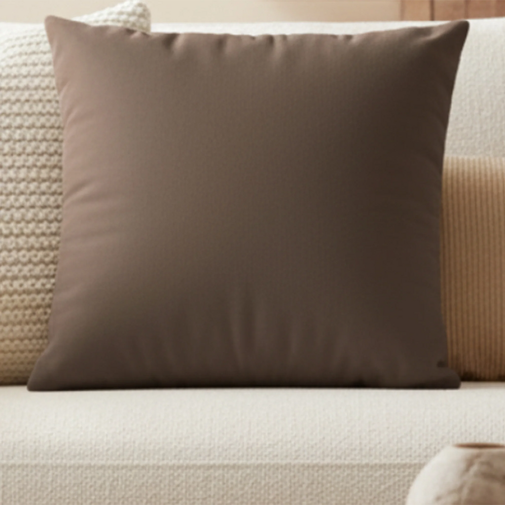Country Brown faux suede pillow case styled on a couch in a modern living room.