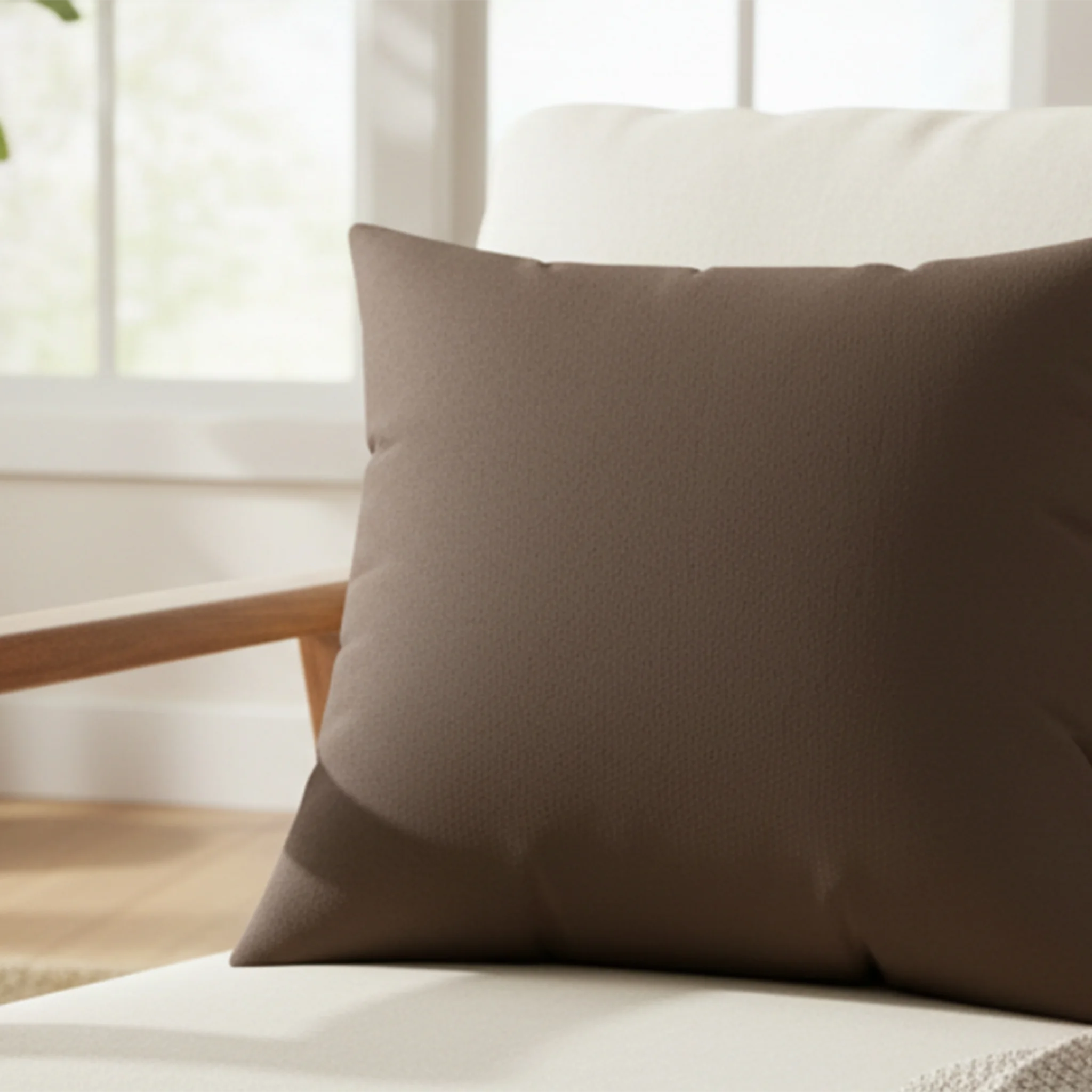 Country brown faux suede pillow styled on sofa, warm dark brown rustic home decor.