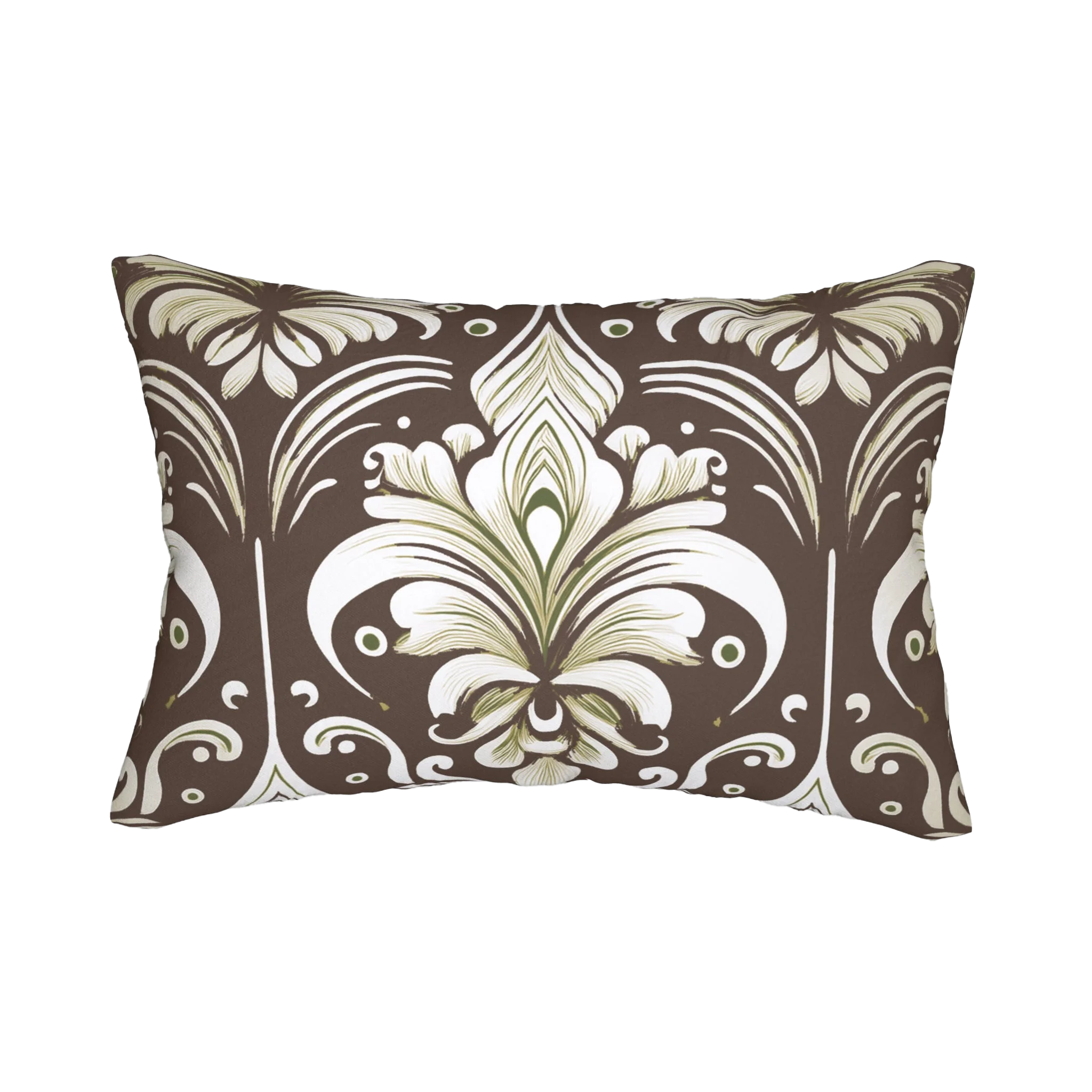 Country Brown Sage damask floral lumbar pillow, back view