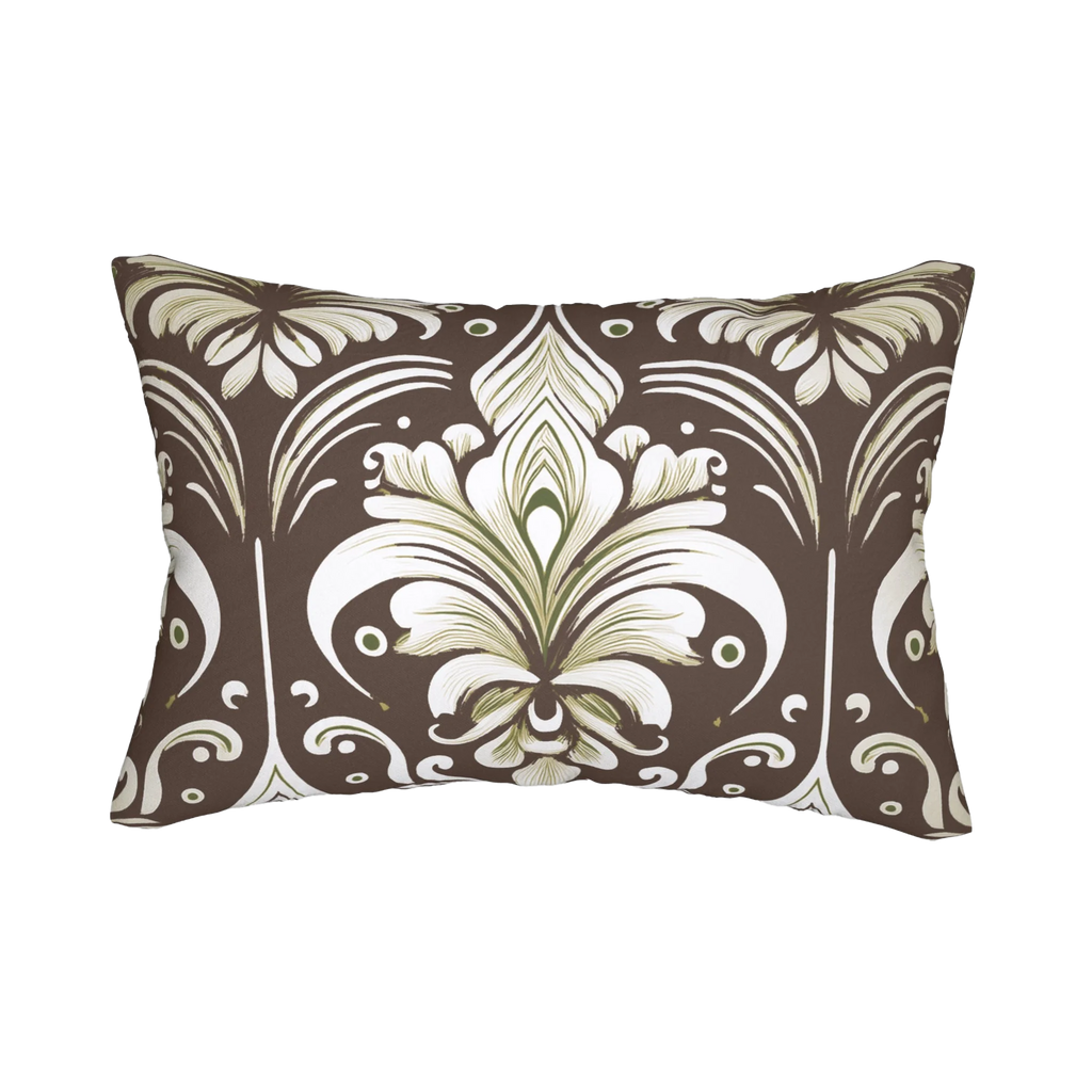 Country Brown Sage damask floral lumbar pillow, front view.