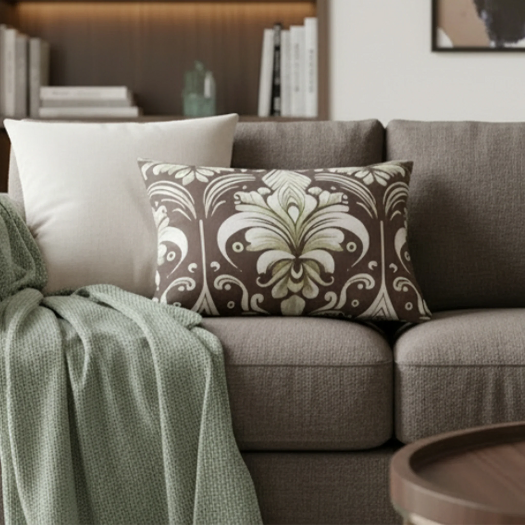 Country Brown Sage damask floral lumbar pillow styled on a couch in a modern living room.