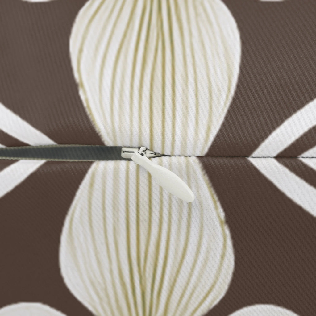 Country Brown Sage damask floral lumbar pillow, zipper view.