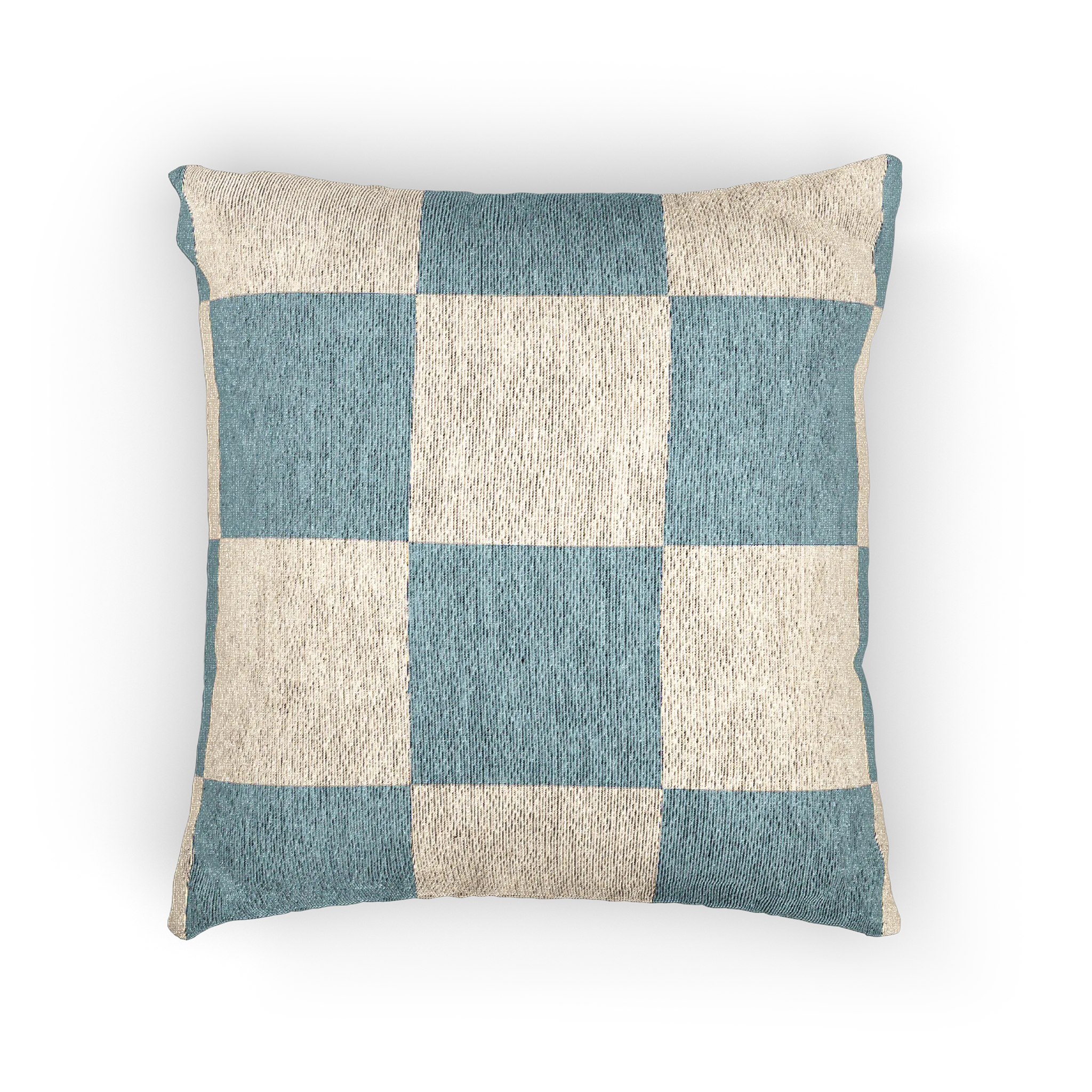 A back preview of the Danish Blue & Cream Woven Check Pillow, showing a danish blue checker pattern on an oatmeal cream colored background. 