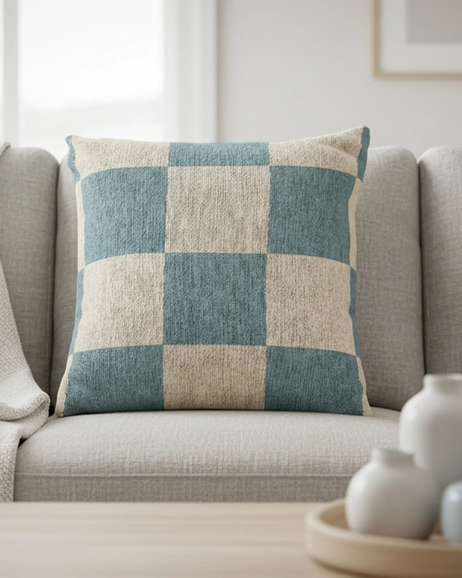 A preview of the Danish Blue & Cream Woven Check Pillow, showing a danish blue checker pattern on an oatmeal cream colored background on a couch.
