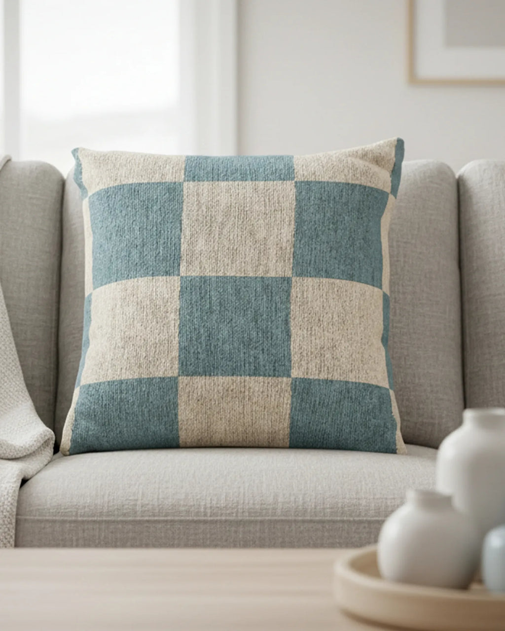 Light grey linen wingback sofa in a bright Nordic living room with white ceramic vases on a wood tray styled with the Danish Blue Cream Checkered Pillow.