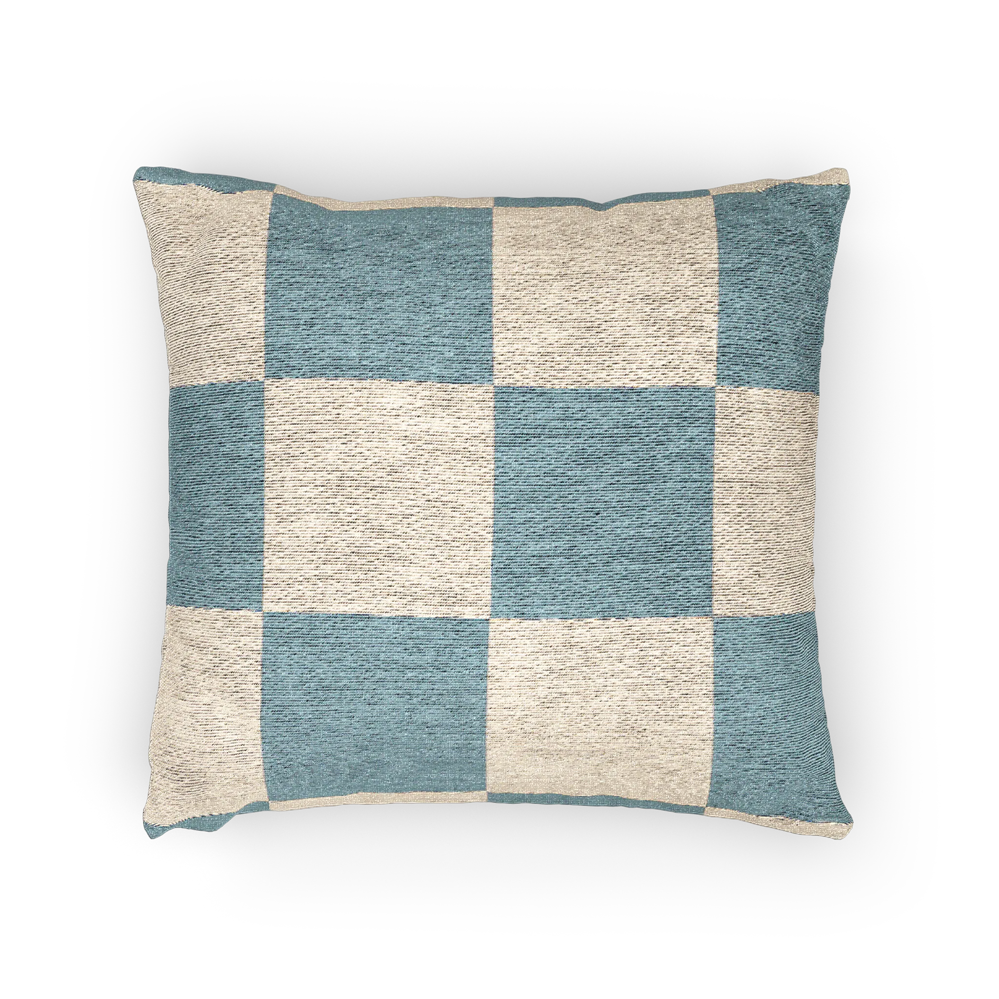 A horizontal preview of the Danish Blue & Cream Woven Check Pillow, showing a danish blue checker pattern on an oatmeal cream colored background. 