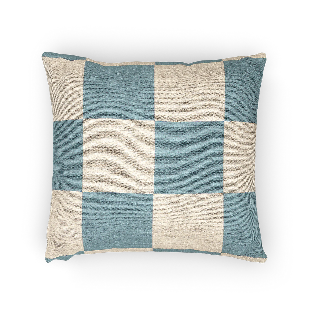 A horizontal view of the Danish Blue & Cream Woven Check Pillow, showing a danish blue checker pattern on an oatmeal cream colored background. 