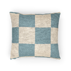 A horizontal view of the Danish Blue & Cream Woven Check Pillow, showing a danish blue checker pattern on an oatmeal cream colored background. 
