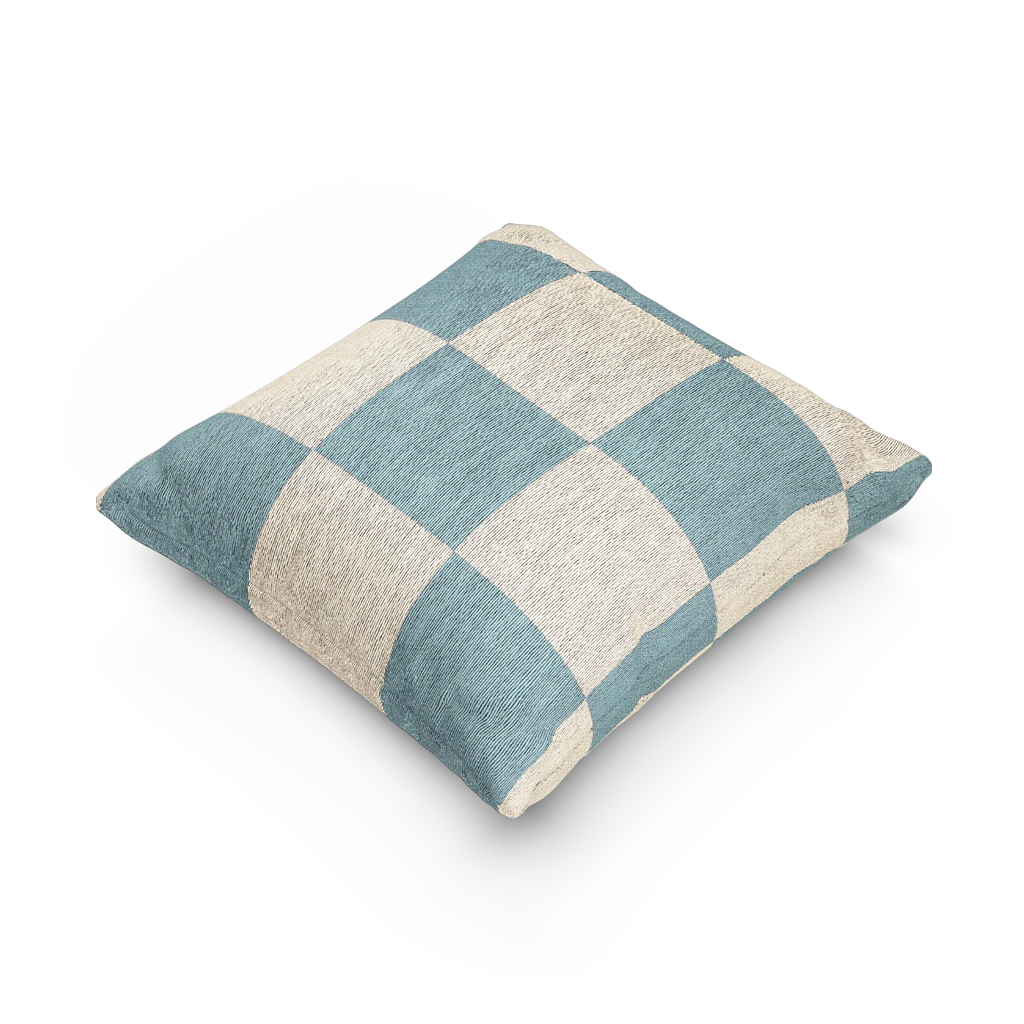 A side preview of the Danish Blue & Cream Woven Check Pillow, showing a danish blue checker pattern on an oatmeal cream colored background. 