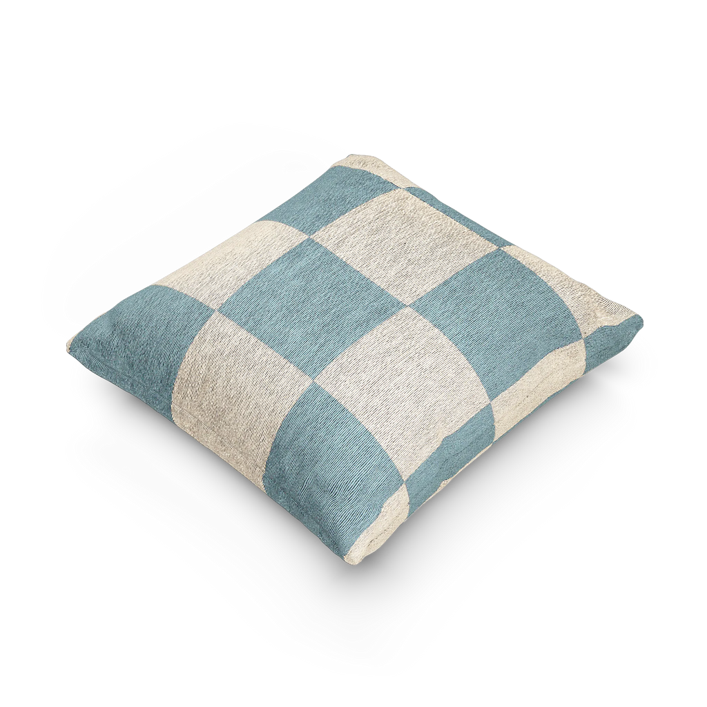 A side view of the Danish Blue & Cream Woven Check Pillow, showing a danish blue checker pattern on an oatmeal cream colored background. 