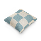 A side view of the Danish Blue & Cream Woven Check Pillow, showing a danish blue checker pattern on an oatmeal cream colored background. 